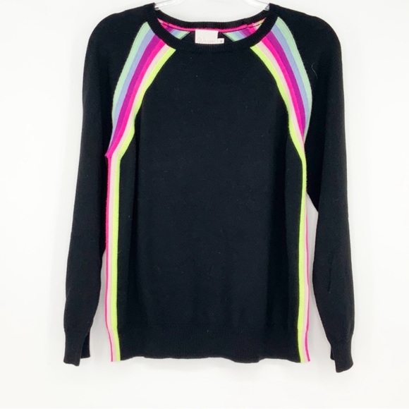 Whisper by Brodie Black Silk Blend Crewneck Sweater Electric Stripes, Size Med - Picture 8 of 8